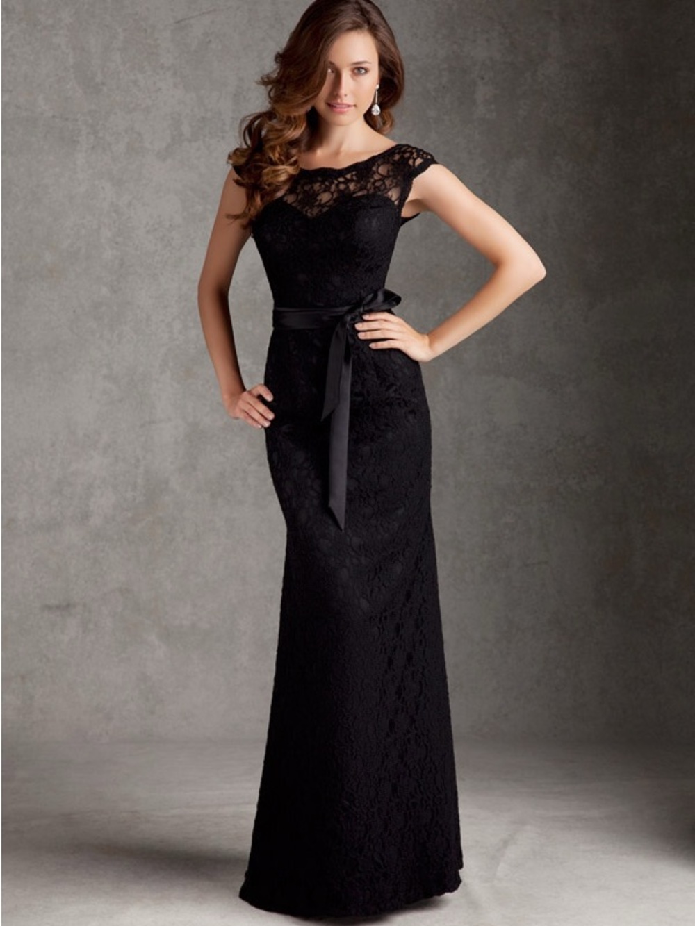 Mori Lee Black Lace Cap-Sleeve Satin-Bow Gown